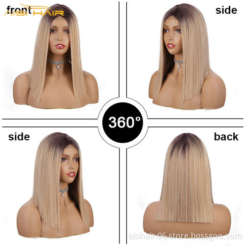 Aisi Hair 14 Inch High Quality Synthetic Highlight Lace Wig Ombre Blonde Lace Front Synthetic Hair Bob Wigs For Black Women